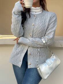 Chiquease Plain Round Neck Cable Knit Cardigan For Women