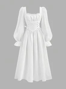 SHEIN Nova Glow Tween Girl Square Neck Flare Sleeve Lace Up Waist Shirred Bust Vintage White Midi Dress For Christmas - White - View 4