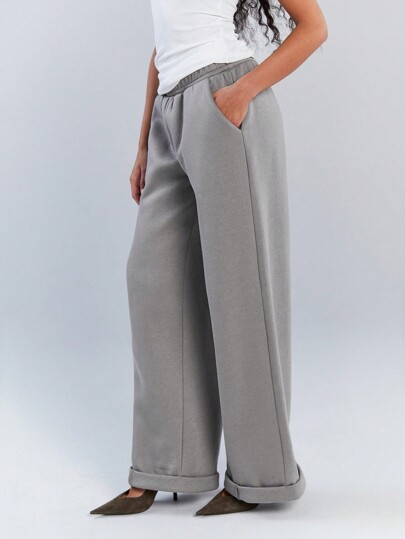 Athîral Pantalones deportivos informales de mujer de cintura elástica con bolsillos, de un solo color, para uso diario