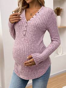 SHEIN Maternity Front Button Long Sleeve Simple Rib T-Shirt, Casual Everyday Wear - Mauve Purple - View 7