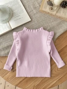 SHEIN LMoss Kids LMoss Babygirl Ruffled Hem Solid Color Simple V-Neck Long Sleeve Knit Sweater, Versatile For Autumn/Winter - Pink - View 2