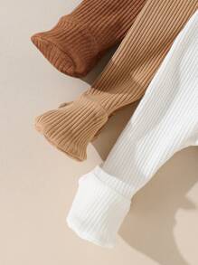 SHEIN 3 件套新生男童女童休闲简约纯色弹力针织紧身裤，舒适 - 棕色 - 查看 3