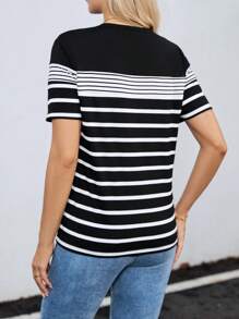 SHEIN LUNE Women's Striped Patchwork Casual Round Neck Short Sleeve T-Shirt, Spring/Summer Spring Clothes,Casual - Multicolor - View 2