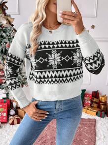 SHEIN LUNE Sweter z nadrukiem płatków śniegu w stylu świątecznym, z odkrytymi ramionami, okrągłym dekoltem i długim rękawem