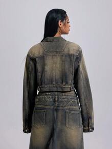 Jeanoix Retro vintage brede band korte dames denim jas met lange mouwen
