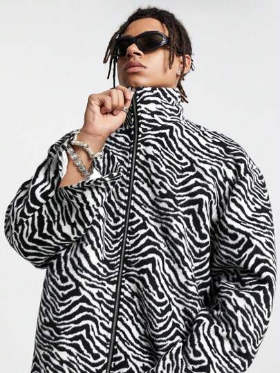 Manfinity VCAY 男士斑马纹拉链领休闲宽松长袖大衣秋冬外出黑色嘻哈大衣送给朋友、丈夫、男朋友的礼物