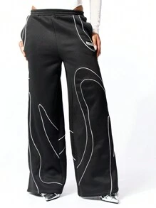 SUMWON WOMEN Pantalon de jogging premium à jambes larges avec design de passepoil contrasté. Pantalon de survêtement pour la détente, l'entraînement, le yoga et la danse
