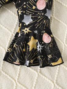 2 sztuki/zestaw Modny kombinezon dla dziewczynki w minimalistycznym stylu "Mój pierwszy nowy rok" z kokardą i nadrukiem z długim rękawem oraz rozszerzanymi nogawkami ze wzorem balonów i fajerwerków, odpowiedni na wiosnę i jesień