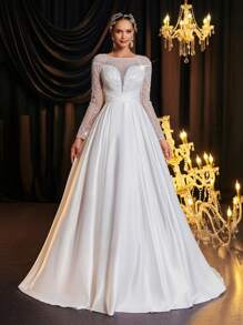 Glamrae Elegant Luxurious Champagne Beaded Sequin Floral Lace Splice Satin Draped Dress With Sheer Long Sleeves, Suitable For Wedding, Party, Prom, Vacation, Informal Bridal - Beige - View 2