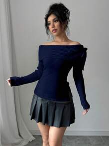 Elenzga Asymmetrical Neck Tie Bow Knitted Sweater Fall Winter - Navy Blue - View 3
