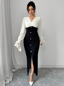 Elenzga Đầm thường ngày đơn giản màu trơn tay dài cài nút phía trước cho nữ - Đen và trắng - Xem 5