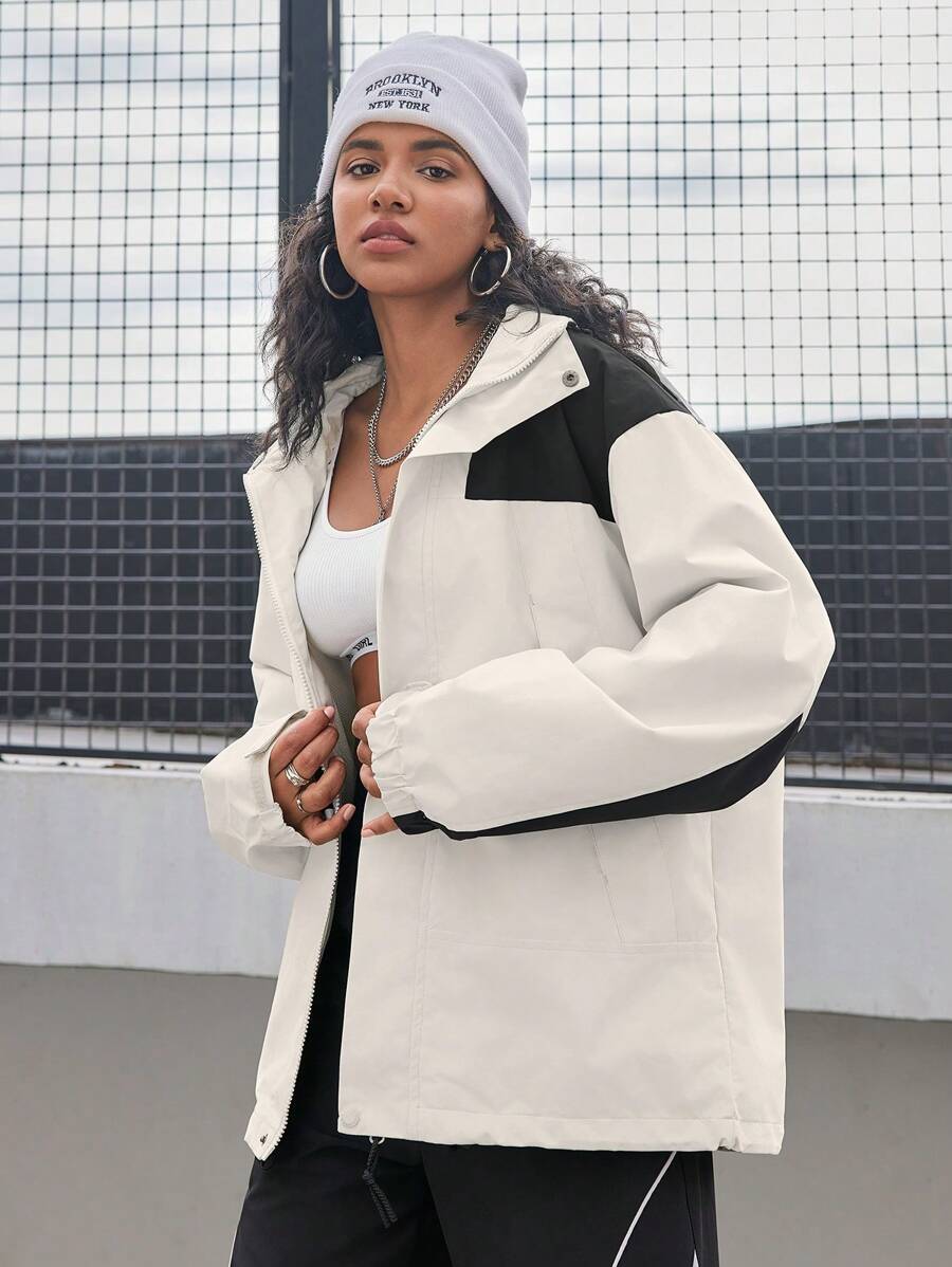 SHEIN Sports New Color Block Patchwork Hooded Sports Jacket - Black and White - View 1