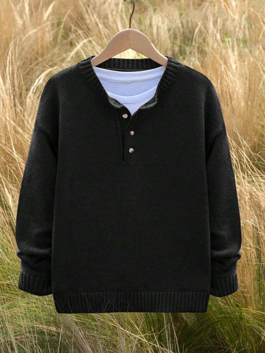 SHEIN 1pc Teen Boys Casual Comfortable Loose Fit Crew Neck Pullover Solid Color Long Sleeve Sweater, Versatile For Outdoor, Holiday, Gathering, School, Suitable For Autumn/Winter - Black - View 1