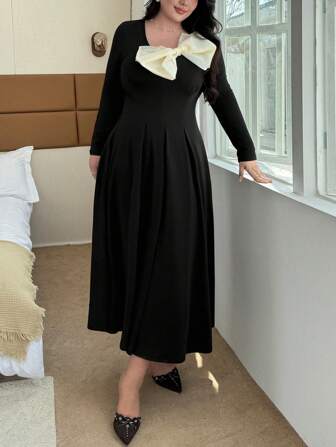 SHEIN Privé 大码女式休闲优雅简约大蝴蝶结装饰圆领喇叭形 A 字形弹性柔软面料派对/聚会/聚会长袖连衣裙，黑色，秋冬