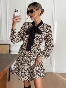 SHEIN Frenchy Women Elegant Office Beige Leopard Long Sleeve Sundress,Simple Front Bows Tie Patchwork Autumn Casual Commute Short Dress,Cheetah Evening Party Wear - Multicolor - View 4