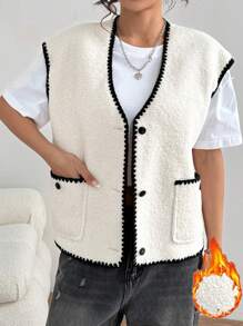 Chiquease Chaqueta casual sencilla de mujer con bolsillo delantero con botones y parche de unicolor - Albaricoque - Ver 5