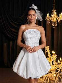 SHEIN Belle Elegant, Romantic, Noble, Dignified White, Satin, Hot Diamond, Off-Shoulder, Strapless, Tube Top, High Waist, Bud Skirt Type, Bachelor Party, Wedding, Graduation Season, Vacation, Bridal Shower Dress - White - View 3