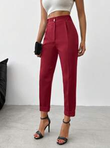 EURMUSE High Waist Fold Pleated Suit Pants - Burgundy - View 4