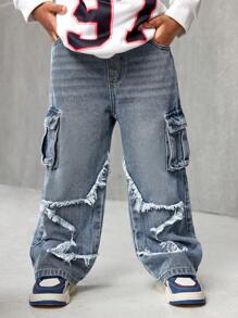 SHEIN X JIMENA & MATEO Young Boys Distressed Fashionable Star Patchwork Retro Loose Fit Blue Jeans With Cargo Pocket,For Kids Fall/Winter Daily Wear Outfits
