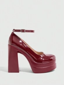 CUCCOO SZL Women's Fashion Wine Red Ankle Strap Platform Chunky High Heel Shoes Spring Shoes Spring Break Easter Prom Heels