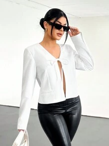 SHEIN SXY White Bowknot Design Jacket, Sexy Cute Elegant For Date, Autumn/Winter - White - View 1