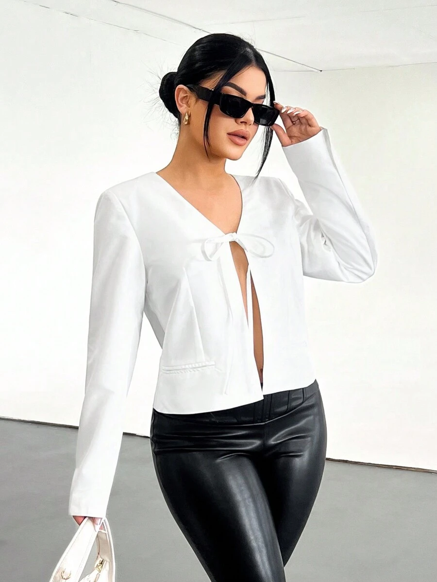 SHEIN SXY White Bowknot Design Jacket, Sexy Cute Elegant For Date, Autumn/Winter - White - View 1