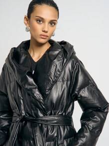 AiiRZ Luxury Puffy Long Winter Puffer Coat Quilted Belted Hooded Outerwear Jacket Premium Warm Fashion Parka - Black - View 3