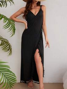 Swim Vcay 流蘇邊圍裹下擺和服罩衫 - 黑色 - 查看 5