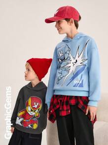 Tween Boys Casual Letter & Cartoon Print Round Neck Drop Shoulder Long Sleeve Hoodie And Pants 2 Pieces Clothes Set, Autumn/Winter