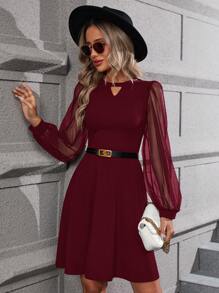SHEIN Clasi Vestido de ocio de manga larga con cuello de tripulación, contraste de malla y hueco de unicolor para mujer