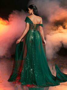 Glamrae Vestido elegante, hermoso y lujoso con un solo hombro, bordado con cuentas y lentejuelas, con diseño floral de malla y cola de pez, con dobladillo y cola extendidos, adecuado para eventos de boda, fiesta de soltero, baile de graduación, cena de Navidad (estilo de industria pesada), vestido de gala formal, para invitada de boda, graduación, Navidad - Verde - Ver 6