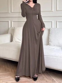 Mulvari Women's Elegant Solid Waist-Cinching Extra Long Dress, Autumn