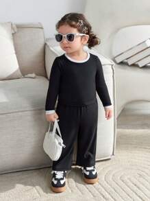 Baby Girl Matching Sets, Mom & Me, Ribbed Knit Color Block Long Sleeve Crew Neck Crop Top With Wide Leg Knit Pants - Black - View 7