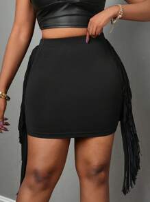 Slaydiva Women's Plain Casual Tassel Design Mini Skirt, Everyday Wear - Black - View 2