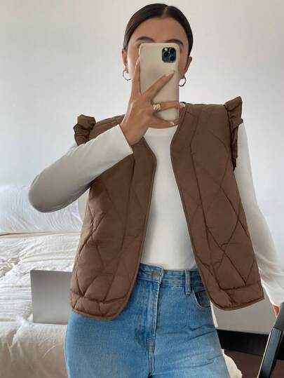 Siren Gaze Chaleco acolchado de algodón de unicolor con mangas cortas, para mujer, para otoño/invierno