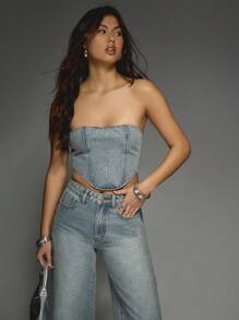 MISSGUIDED Top corset de mezclilla con diamantes termoadhesivos - Azul - Ver 1