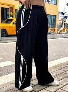 Flirla Pantalones deportivos casuales de talla grande para mujer con cordón y contraste de color