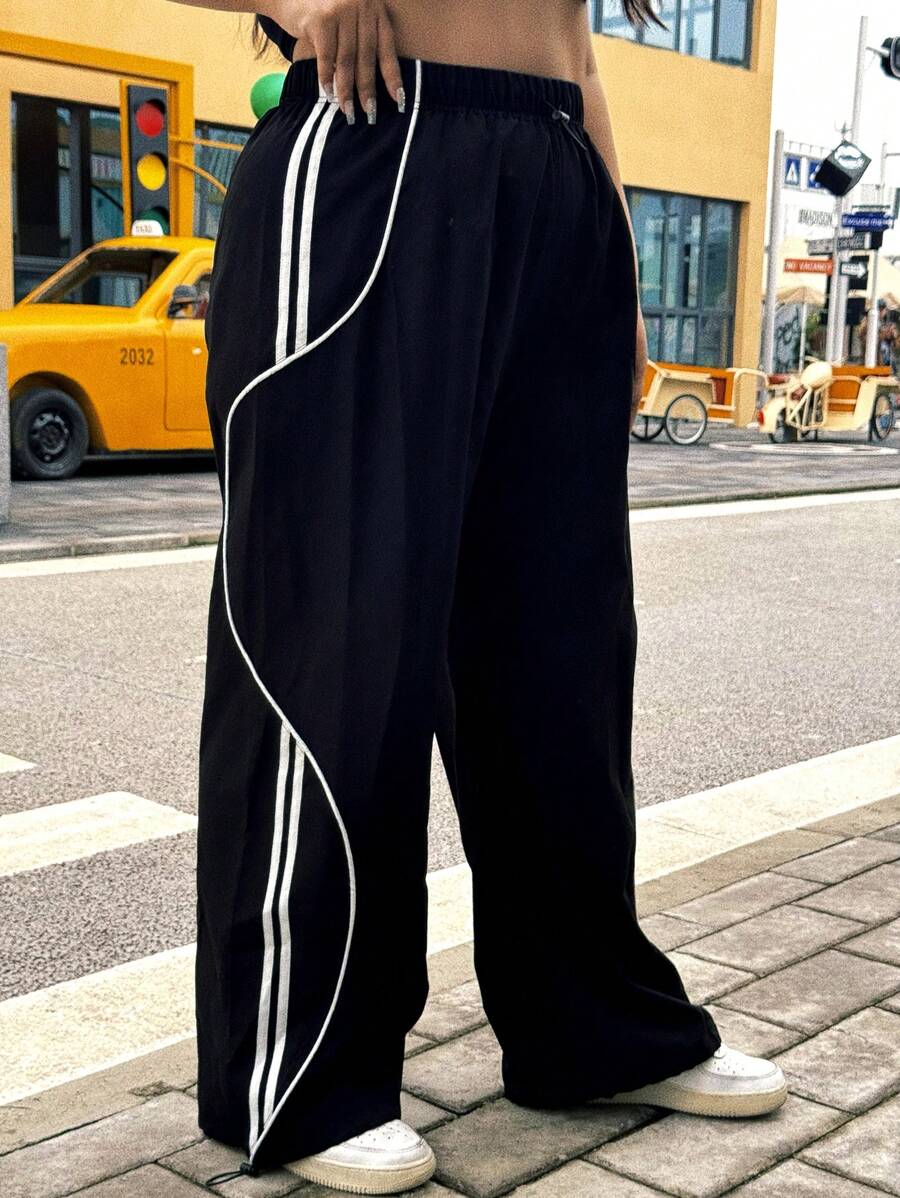 Flirla Pantalones deportivos casuales de talla grande para mujer con cordón y contraste de color