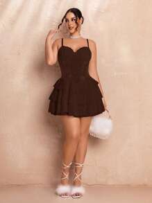 SHEIN BAE Plus Size Women's Summer Sweet Party Date Ballet White Stitching Lace Bra Cup Details Suspender Cake Dress Skirt - Coffee Brown - View 4