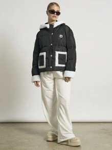 AiiRZ Winter Puffer Fleece Lined Hooded Jacket Sherpa Trim Outerwear Quilted Padded Warm Snow Coat With Patch Pockets Insulated Zip Front Weather Resistant