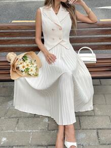 SHEIN Frenchy 2pcs Elegant Commute Outfit Set: Solid Color Double-Breasted Vest + Pleated A-Line Skirt Summer