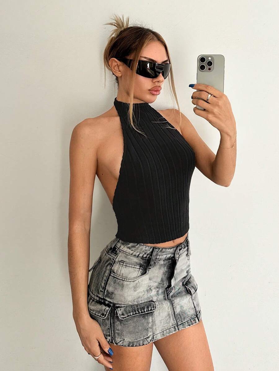 EgrlEra Sexy Metall-Schnallen-Rückenfrei-Trägertop für Frauen im Y2K-Stil für Nachtausgänge - Schwarz - Übersicht 1