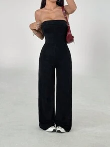 Flirla Women Solid Color Minimalist Bandeau Jumpsuit, Casual Everyday Wear - Black - View 5