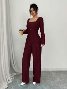 Elenzga 女士优雅仿方领西装外套和条纹长袖上衣 + 女士条纹西装裤，办公室通勤装 - 酒紅色 - 查看 4