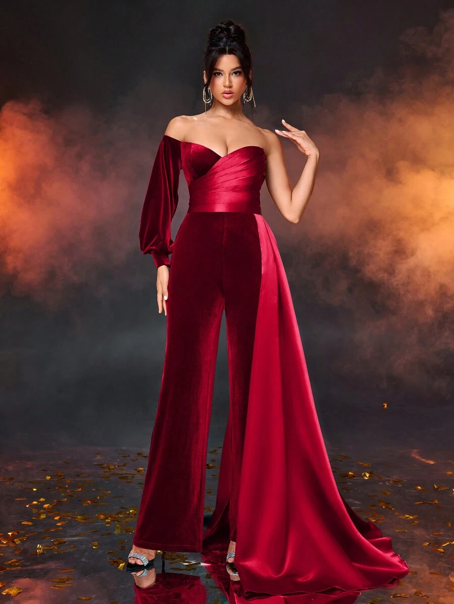Glamrae 女士优雅迷人的经典天鹅绒拼布缎面露肩长袖连体裤，带有垂褶荷叶，适合派对、舞会、约会、正式场合、婚礼宾客 - 酒紅色 - 查看 1
