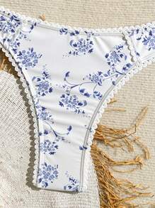 SHEIN Swim Printed Pattern Bikini Set, Spaghetti Strap Floral Crop Top And High Cut Bottom Bikini Summer - Blue and White - View 4