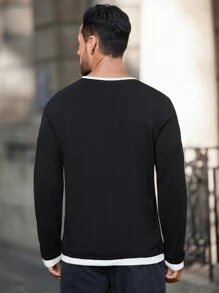Manfinity Homme Men's Casual Contrast Trim Notched Neck T-Shirt For Autumn - Black - View 2