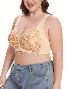 Plus Size Lace Splice Mesh Front Hook Closure Wireless Lingerie Bra Set - Multicolor - View 4