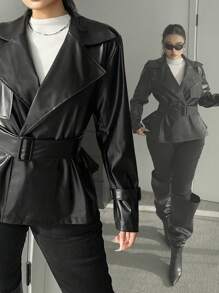 Flirla Plus Size Double Breasted, Wide Lapel, Self-Tie Belt, Flared Long Sleeve Loose Jacket - Black - View 6