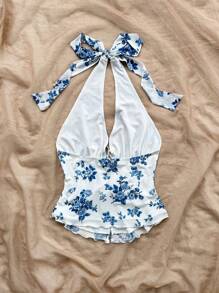 Soleia Women's Vacation Romantic Floral Print Halter Tie Back Bow-Knot Front Ruched Ruffle Hem Blouse,New Years ,Women Top,Summer Women Top,New Years Eve ,Western Women ,Party Women ,Christmas Women Top,Festival ,Holiday Top,Going Out - Multicolor - View 7